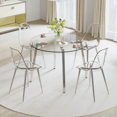 Modern Minimalist Style Round Transparent Tempered Glass Table, Tempered Glass Top, Silver Metal Legs, Suitable For Kitchen, Dining Room, Living Room Unavailable Platforms- AliExpress