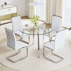 Modern Minimalist Style Round Transparent Tempered Glass Table, Tempered Glass Top, Silver Metal Legs, Suitable For Kitchen, Dining Room, Living Room Unavailable Platforms- AliExpress
