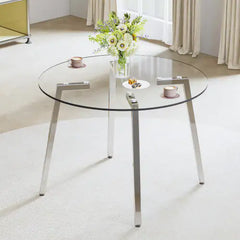 Modern Minimalist Style Round Transparent Tempered Glass Table, Tempered Glass Top, Silver Metal Legs, Suitable For Kitchen, Dining Room, Living Room Unavailable Platforms- AliExpress