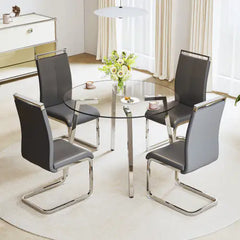 Modern Minimalist Style Round Transparent Tempered Glass Table, Tempered Glass Top, Silver Metal Legs, Suitable For Kitchen, Dining Room, Living Room Unavailable Platforms- AliExpress