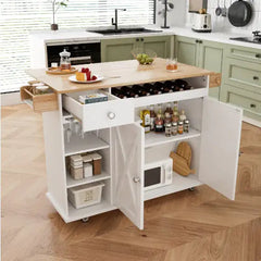 Kitchen Island Trolley With Solid Wood Top, Wine Storage, Spice Rack, Towel Rack, Wine Glass Holder