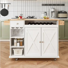 Kitchen Island Trolley With Solid Wood Top, Wine Storage, Spice Rack, Towel Rack, Wine Glass Holder
