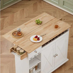 Kitchen Island Trolley With Solid Wood Top, Wine Storage, Spice Rack, Towel Rack, Wine Glass Holder