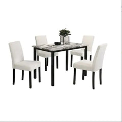 White Color Wool Fabric Chairs Faux Marble Top Table 5pc Dining Set Kitchen Dinette Cushions Upholstered 4x Chairs Dining Room